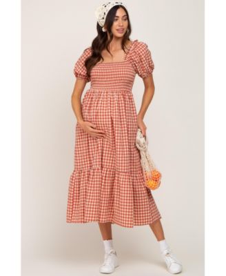 Maternity Rust Gingham Smocked Midi Dress