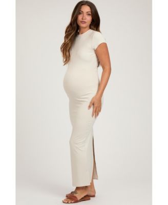 Maternity Cream Fitted Short Sleeve Maxi Dress