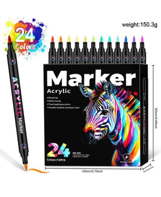 24 Colors Dual-Tip Dual-Color Markers Pens, Water-based Ink Ideal for Plastic Sheets, Stone, Pottery, Wood, DIY Crafts & Art Supplies