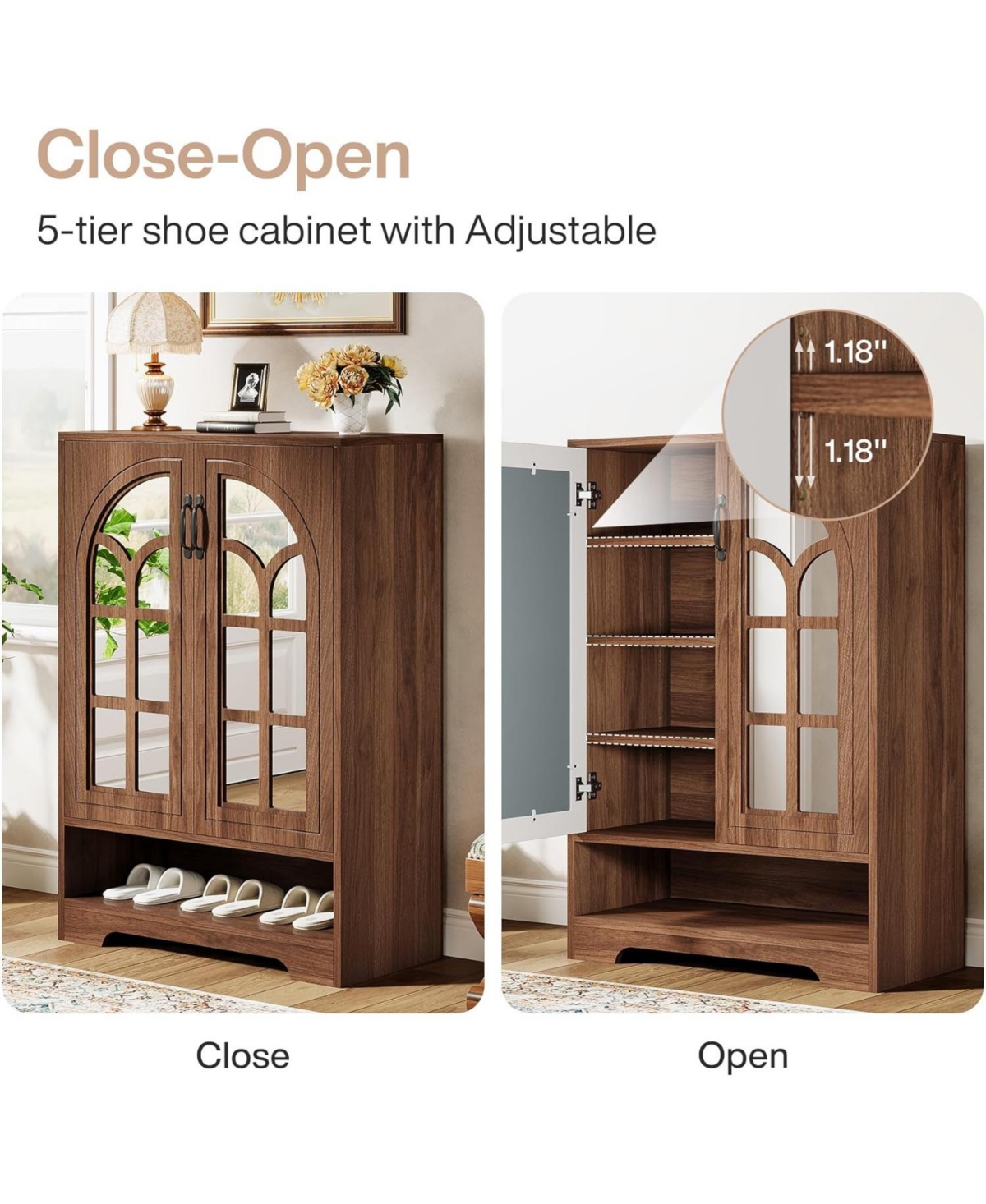 Tribesigns Brown Shoe Cabinet with Mirrored Doors, Adjustable Shelves