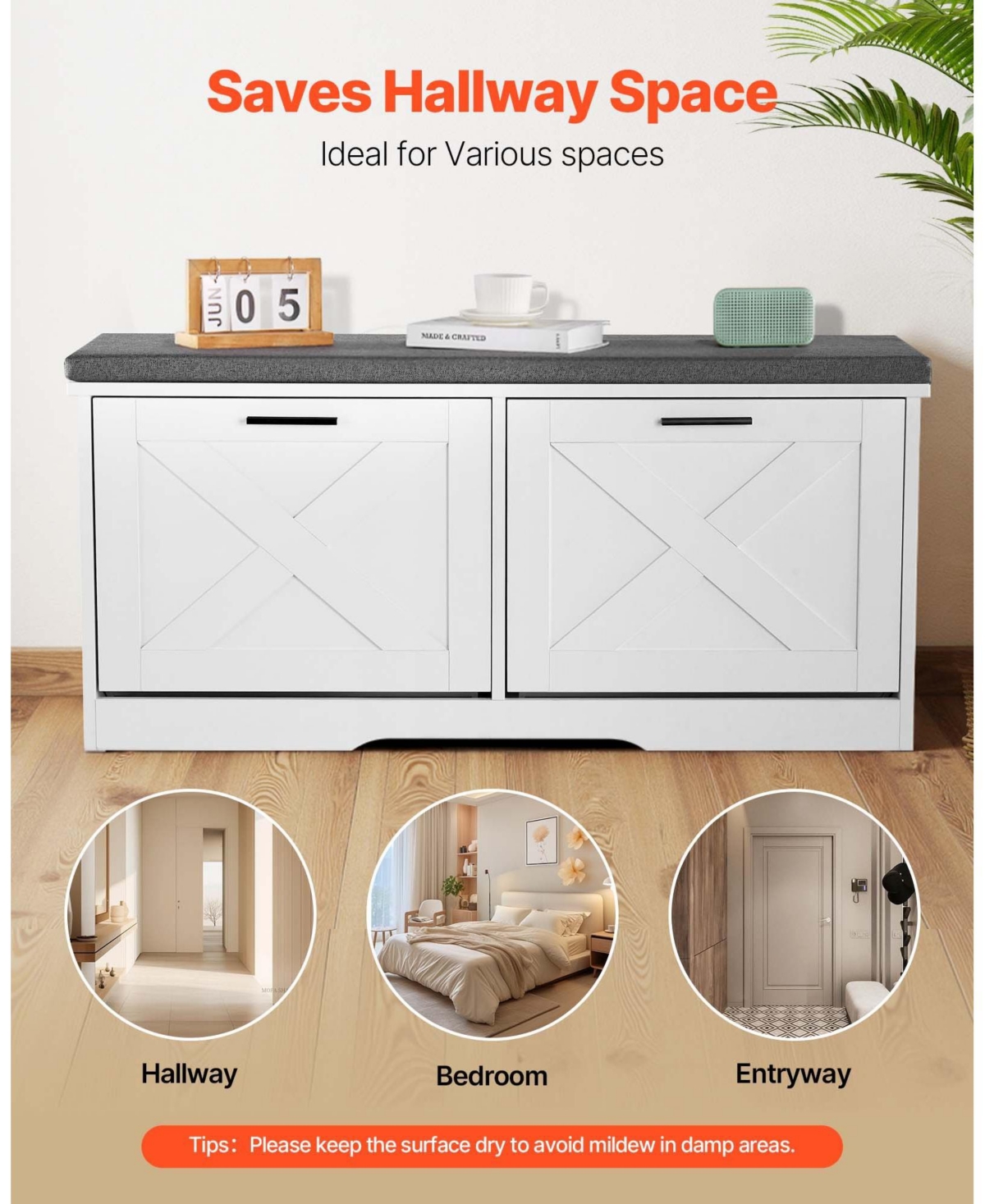 Slickblue 1-Pc Wooden Shoe Rack Bench – Padded Seat & Flip Drawer Storage Organizer