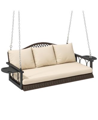 Wicker Porch Swing, Hanging Swing Bench with Cup Holder
