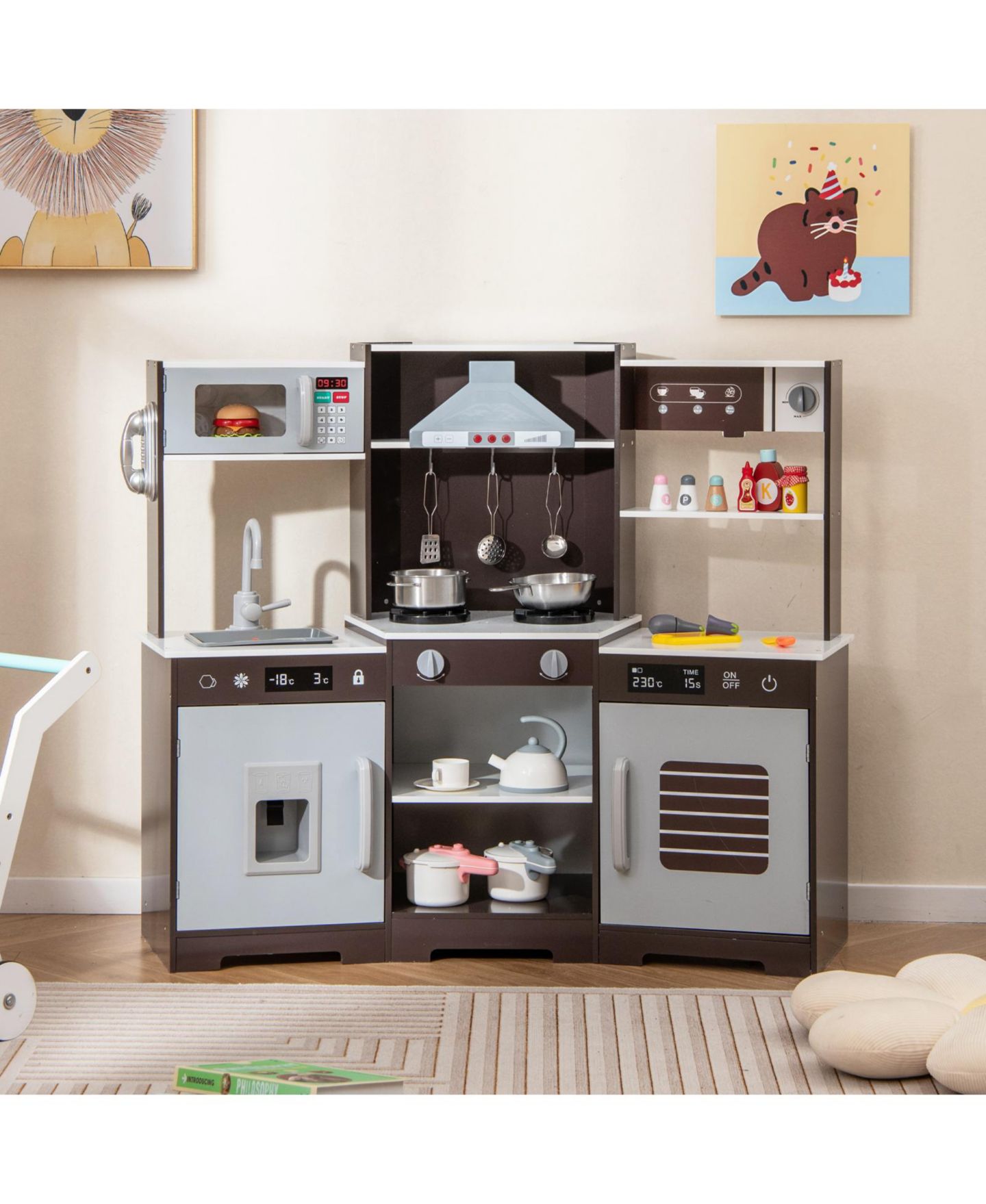 Детская игрушка SKONYON Wooden Play Kitchen with Working Range Hood, Sound Effects & Lights, Ages 3+, цвет: Серый — фото 4