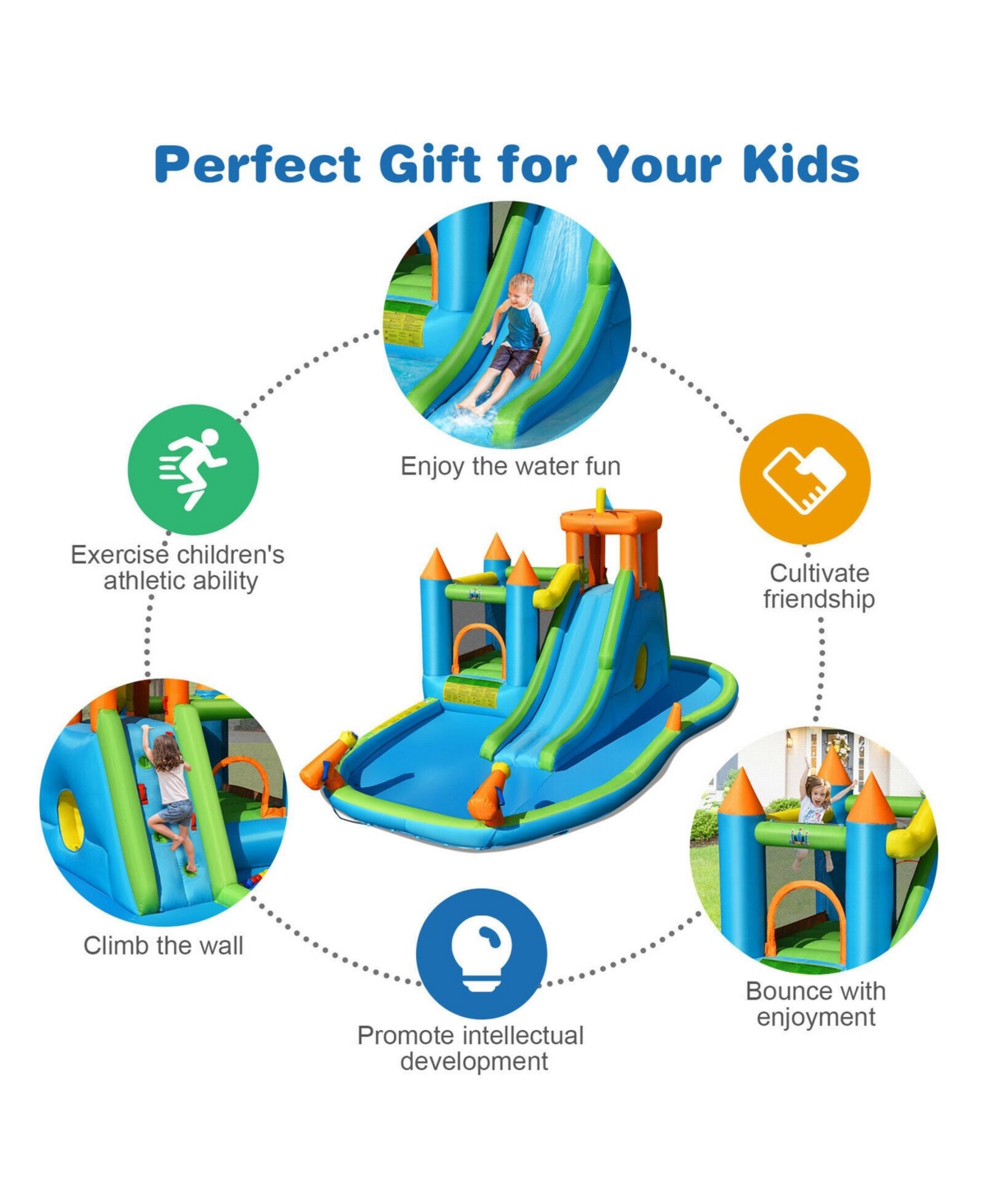 Inflatable Water Slide Kids Bounce House Splash Water Pool with 735W Blower