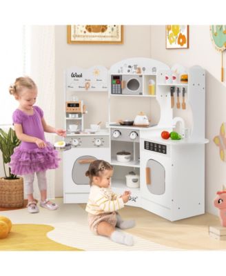 Corner Wooden Play Kitchen with Coffee Machine and Slide for Kids