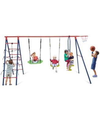 550 LBS 6-in-1 Patio Kids Swing Set with Climbing Net and Ladder-Red