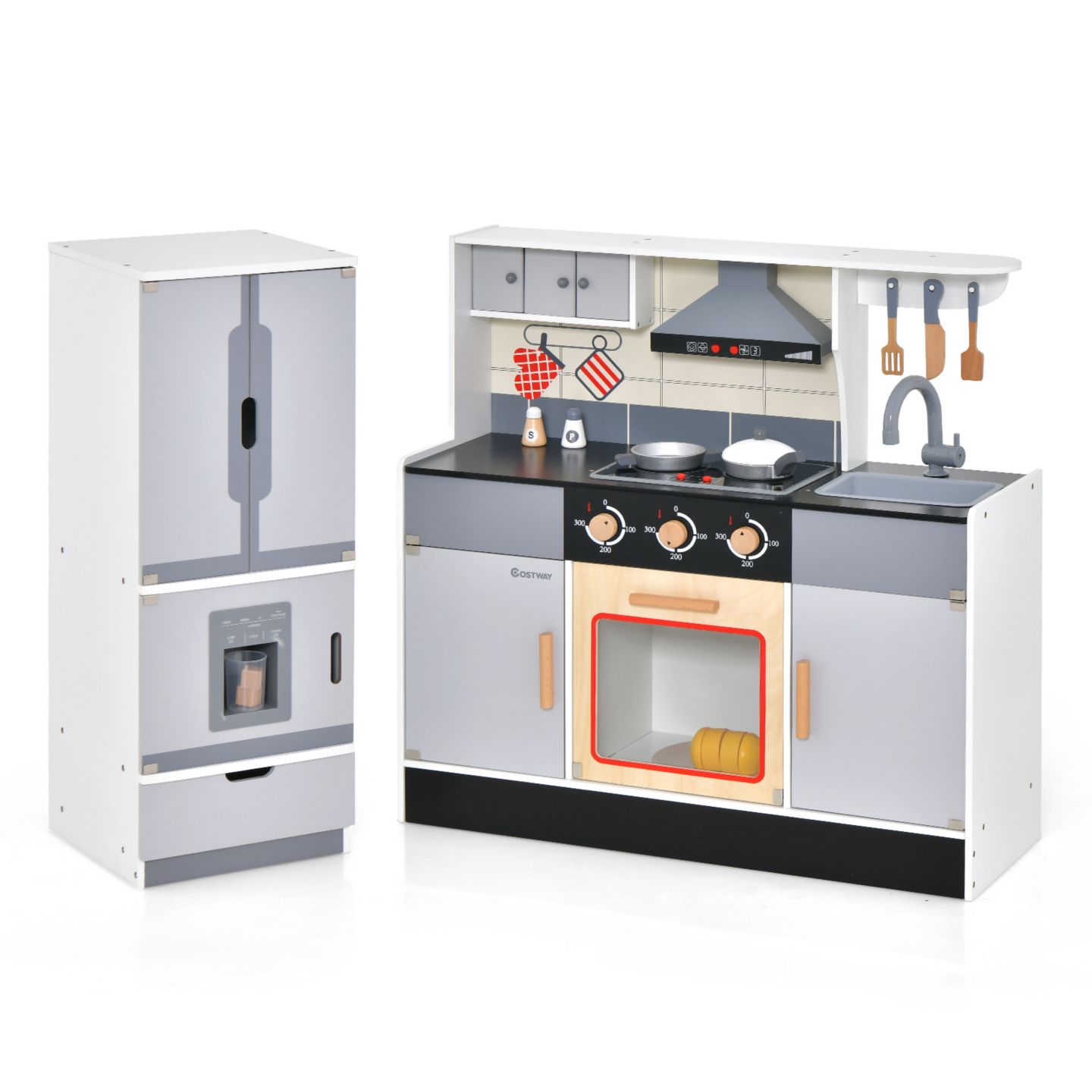 Детские игрушки SUGIFT 2-in-1 Wooden Play Kitchen and Refrigerator with Light and Sound Effects, 14-Piece Accessory Set, Ages 3+, цвет: Серый — фото 3