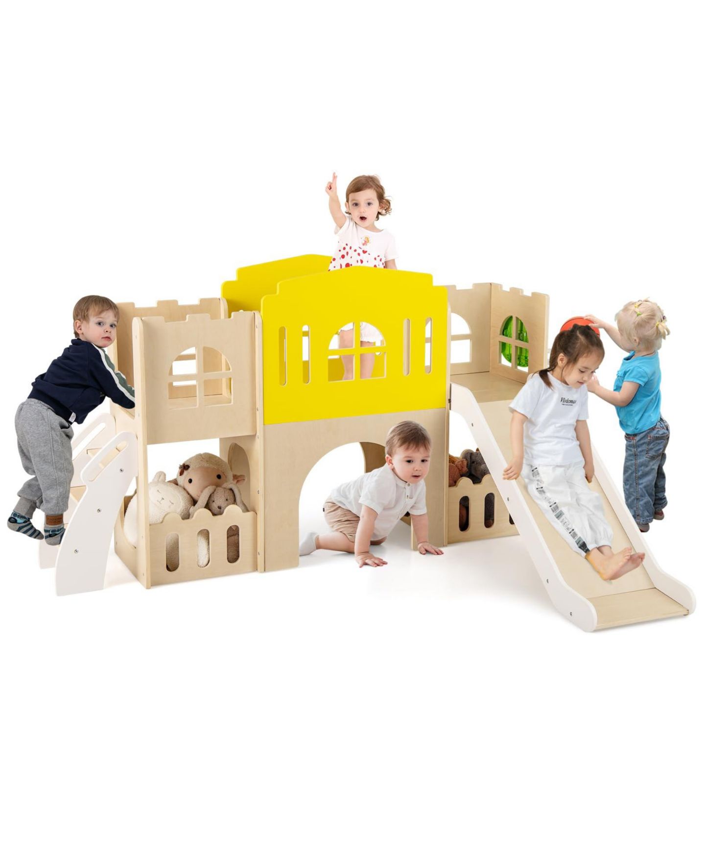 Детские игрушки Mecale 7-in-1 Toddler Wooden Slide Set with Climber and Basketball Hoop, Ages 1-5, цвет: Жёлтый — фото 1