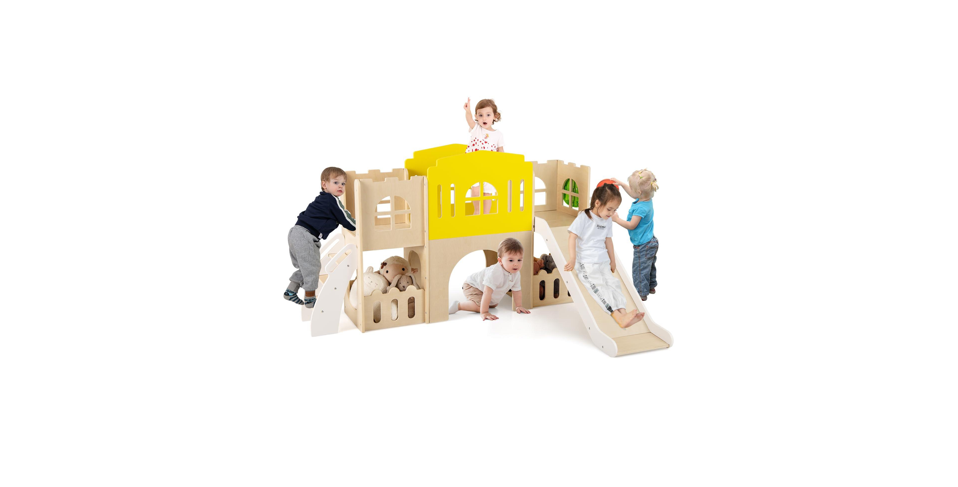 Mecale 7-in-1 Toddler Wooden Slide Set with Climber and Basketball Hoop, Ages 1-5