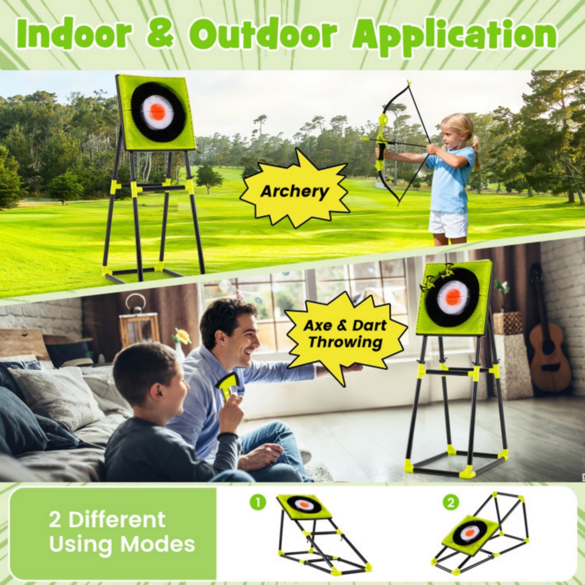 4-in-1 Throwing Target Game Set with Axes, Darts, Bow & Arrows for Kids and Adults