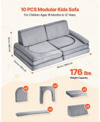 Modular Kids Play Couch 10-Piece Sectional Toddler Sofa with Armrests, Gray