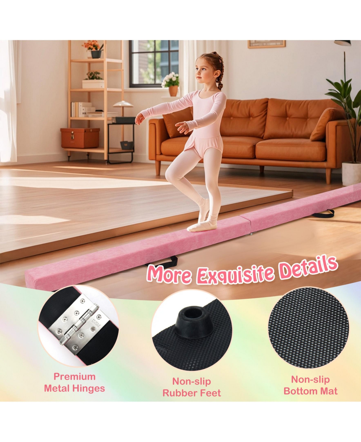 Sugift Folding Balance Beam with Solid Wood Base and Anti-slip Bottom-Light Pink