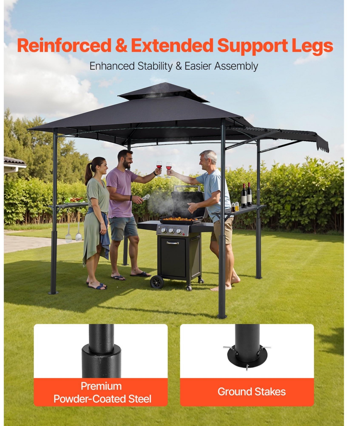 Slickblue Reinforced 8'x5' Outdoor Grill Gazebo with Awning, Shelf, and Double-Tier Top