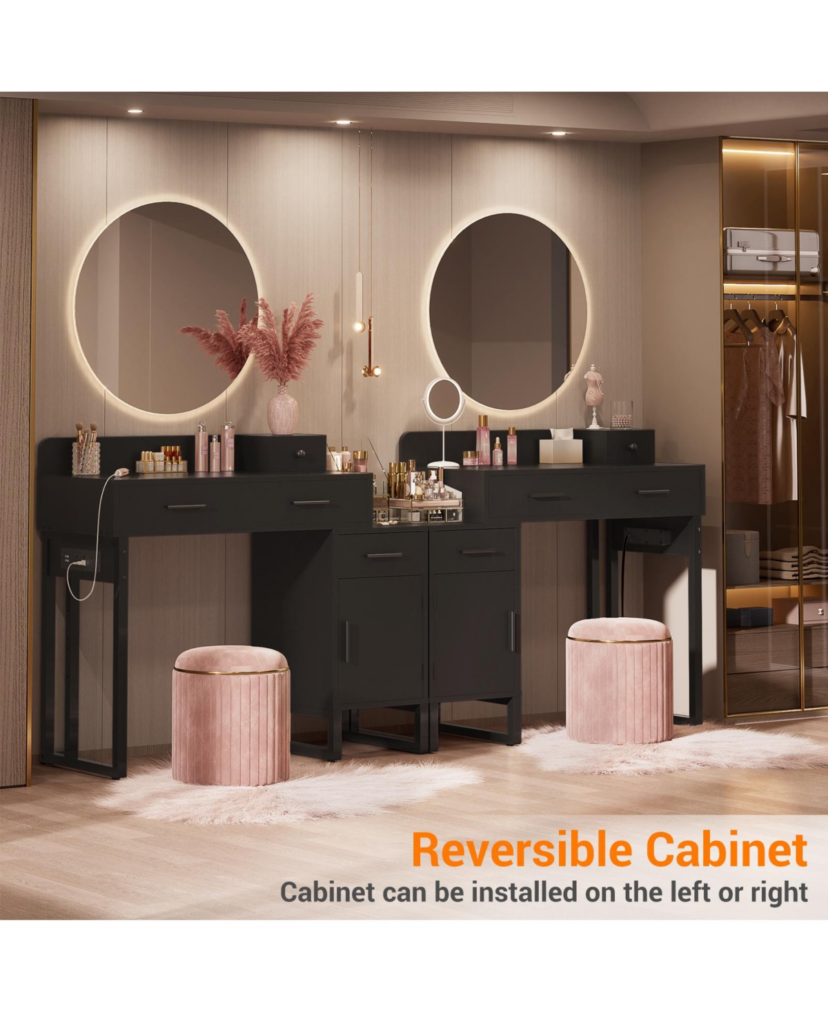 Makeup Vanity Desk with 4 Drawers and Cabinet, Dressing Table Outlets for Small Space