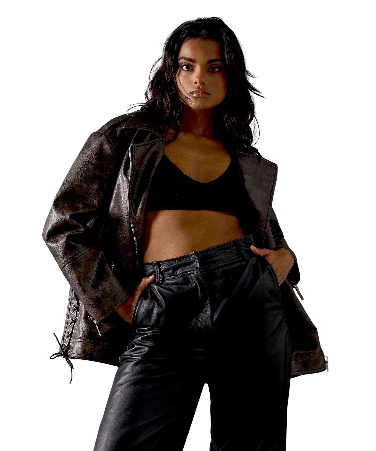 Women's Oversized Whipstitch Leather Look Jacket