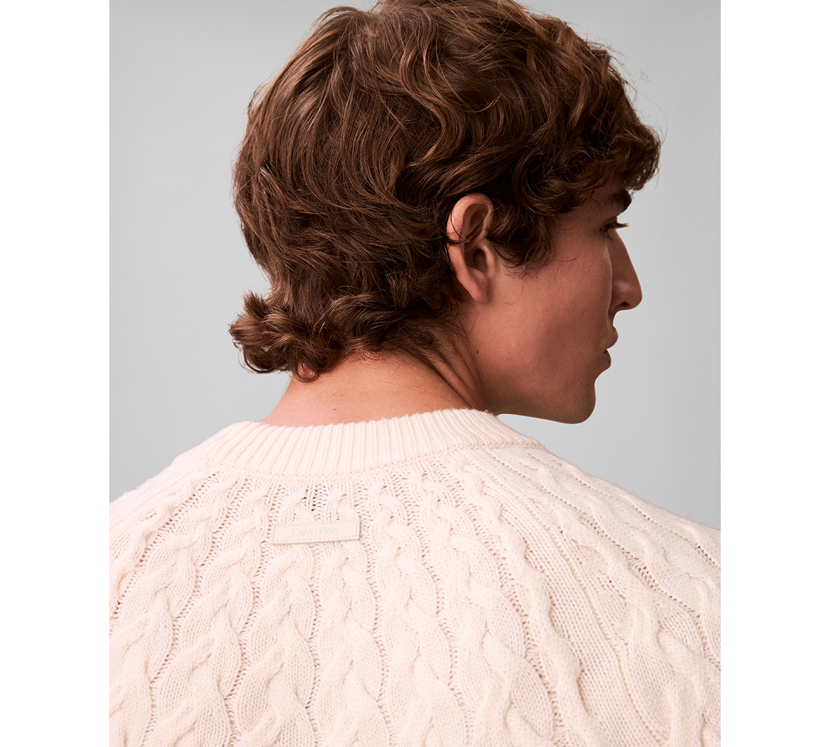 Calvin Klein Lambswool Blend Cable Knit Crew Neck In Neutral