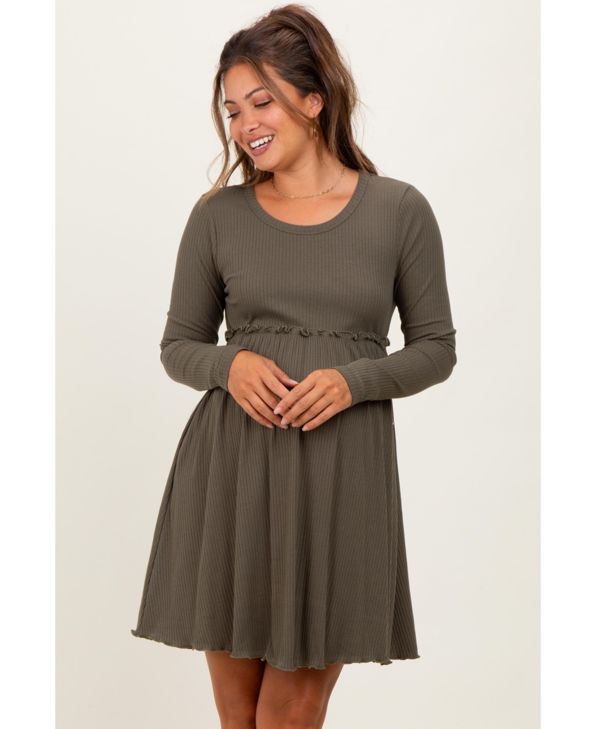 Pinkblush Maternity Olive Ribbed Knit Long Sleeve Crewneck Shirring Mini Dress