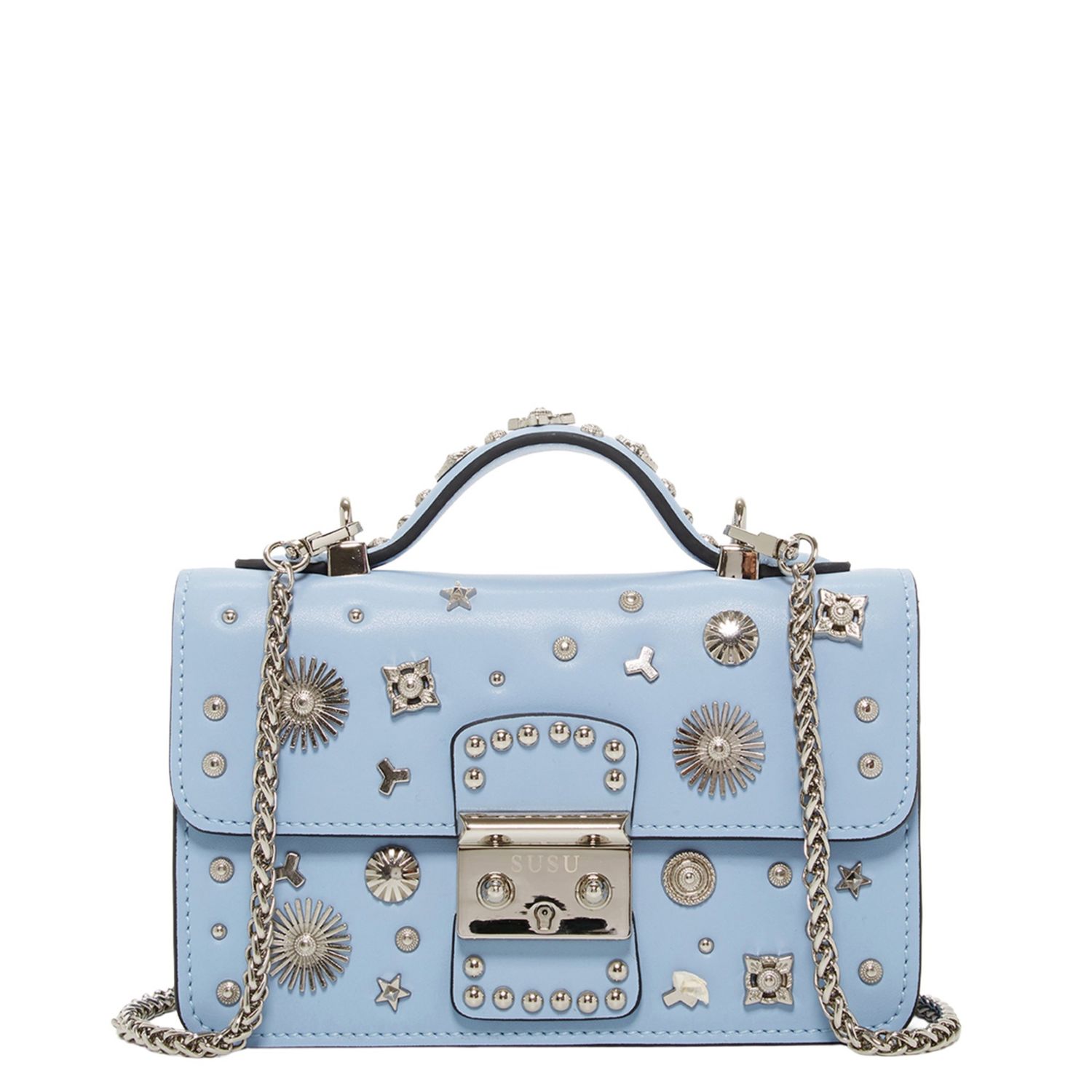Small Leather Crossbody Bag Studded Purse Top Handle Structured Handbag
