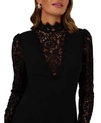 Women's Mock Neck Lace and Crepe Short Dress