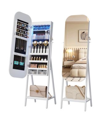 Round Mirror Jewelry Cabinet with Door & Wall Storage