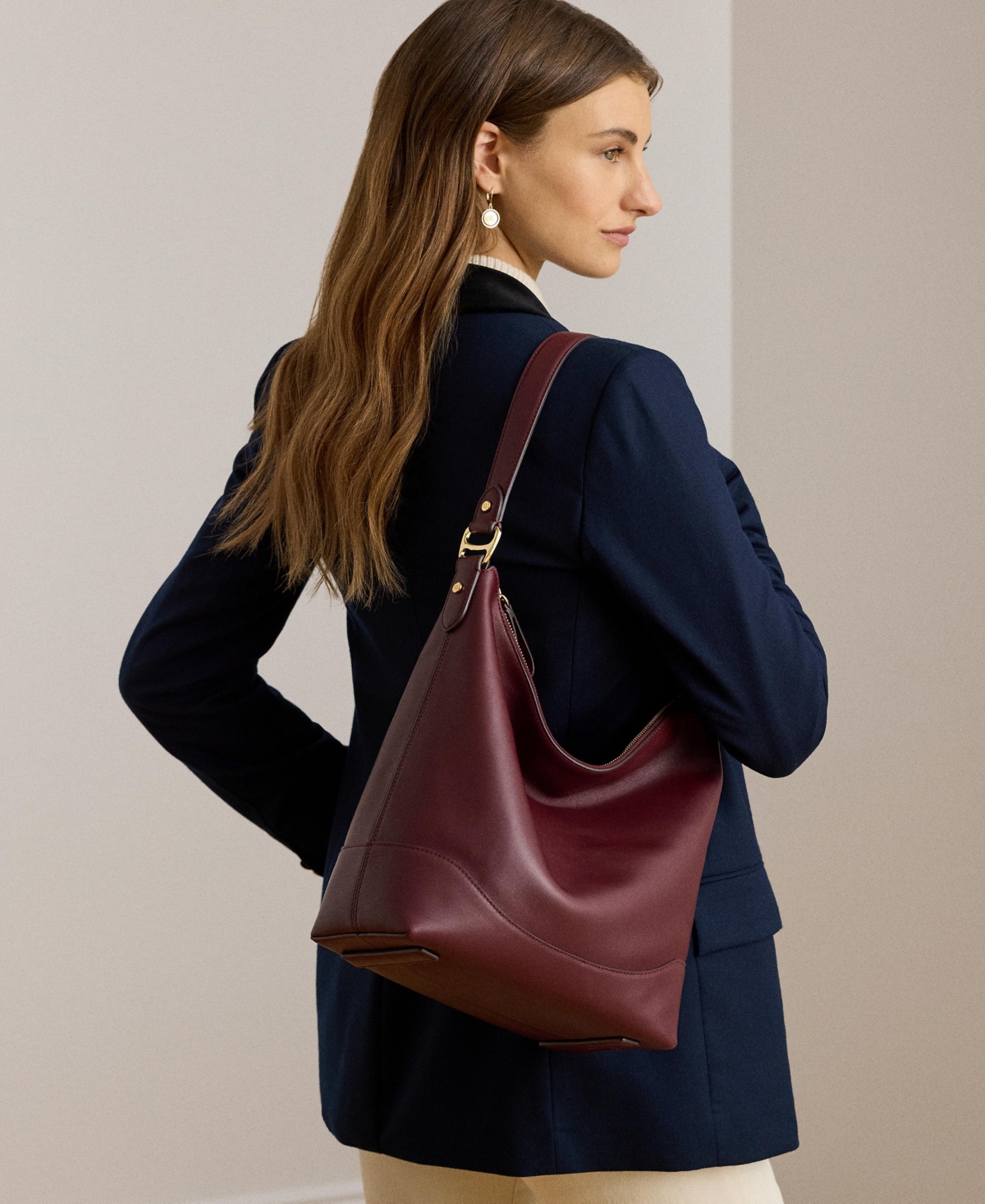 Ralph Lauren Smooth Leather Tasha Bucket Bag In Burgundy