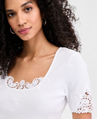 Women's Knit Short-Sleeve Lace-Inset Top, Macy's Exclusive