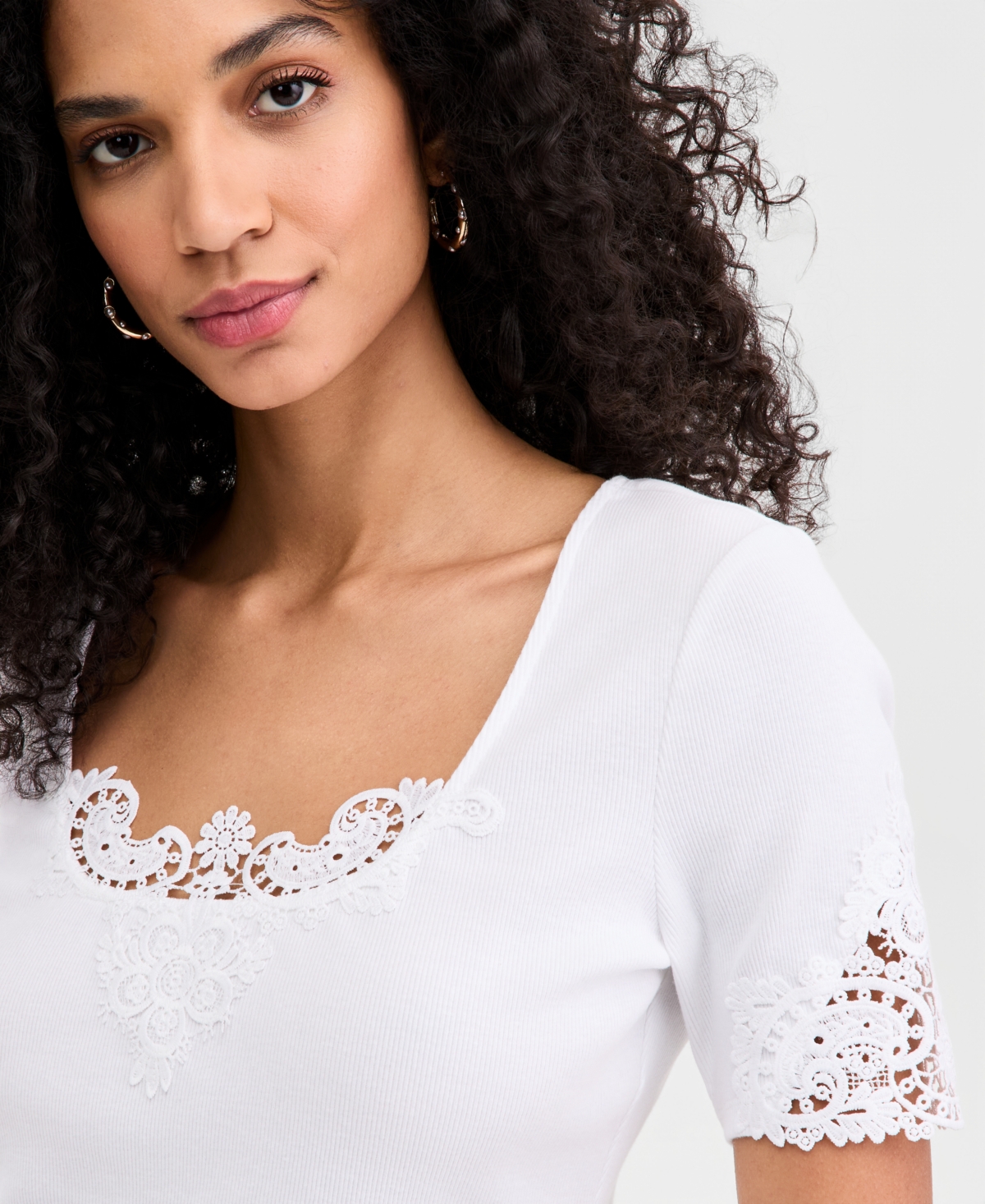 On 34th Women's Knit Short-Sleeve Lace-Inset Top, Macy's Exclusive