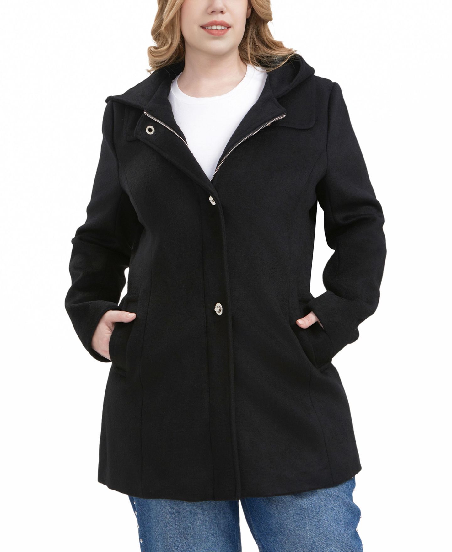 Женское пальто BGSD Plus Size Hooded Wool Blend, цвет: Чёрный — фото 1