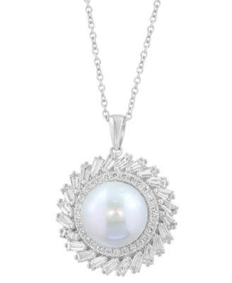EFFY Collection - Freshwater Pearl (11mm) and Lab Grown Diamond Pendant Necklace (1-3/8 ct. t.w.) in 14K White Gold