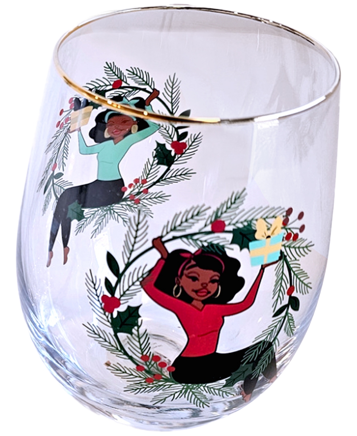 Black Paper Party Shark Tank Holiday Holly Stemless Wine Glasses, Set Of 2 In Multi