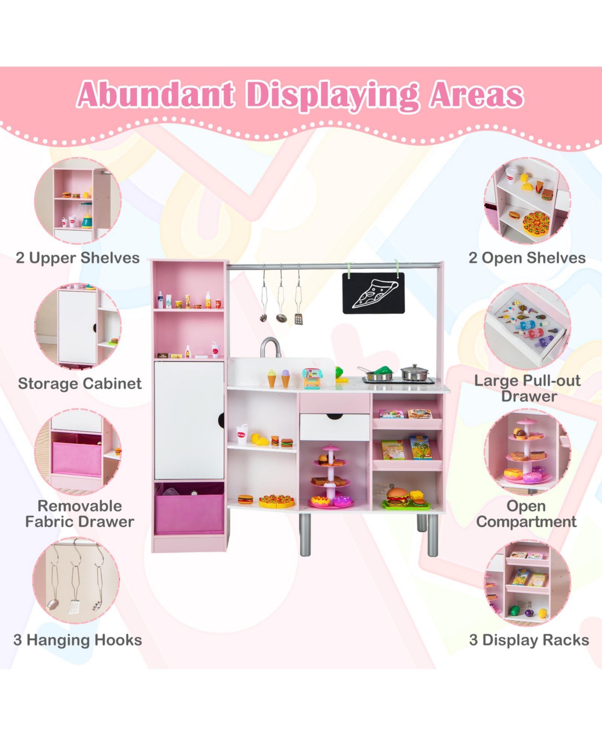 Skonyon 2-in-1 Double-sided Kids Kitchen and Market with Realistic Light and Sound