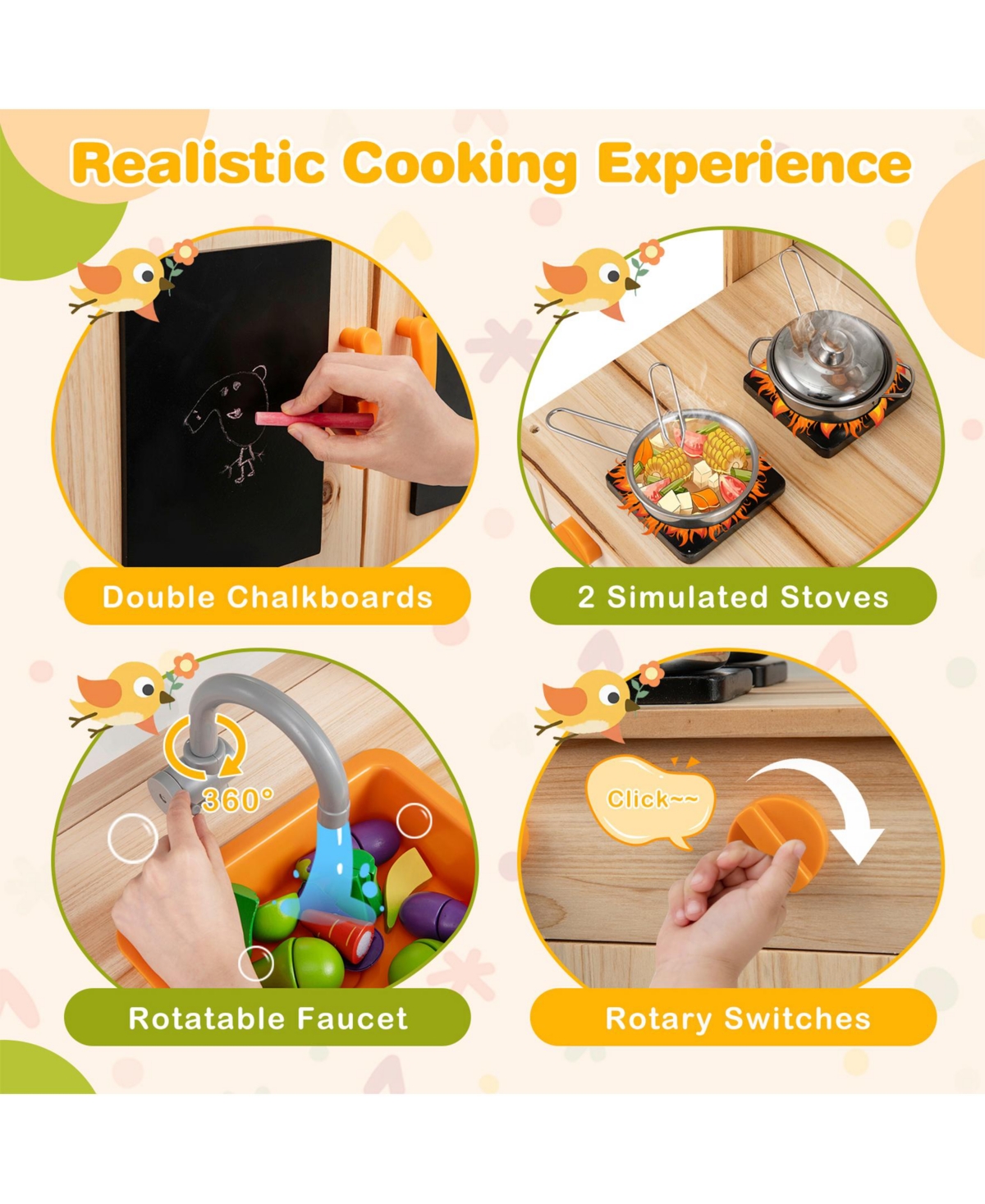 Sugift Kids Mud Kitchen Fir Wood Playset With Planting Pots And Blackboards-Natural.