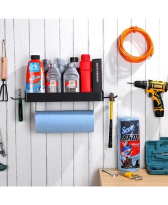 15"L × 5.5"W Garage Paper Towel Holder with Shelf - Wall Mount Paper Towel Holder with 4 Hooks, Single-Hand Tear Paper Towel Tissue Holder