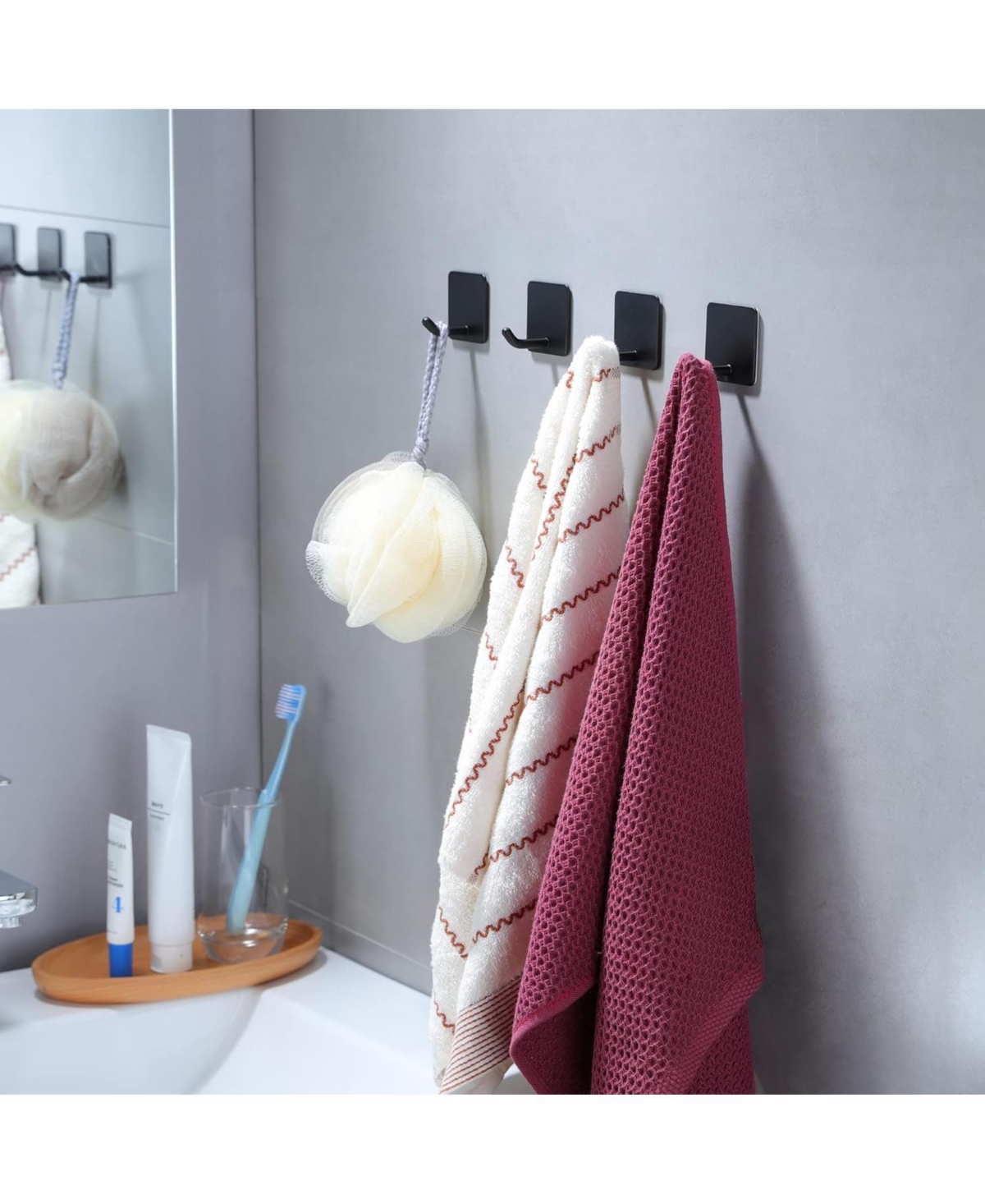 Adhesive Towel Hooks - 4 Pack Towel Hooks for Hanging Robes Coat Hooks Stick on Wall Hooks Stainless Steel, Matte Black