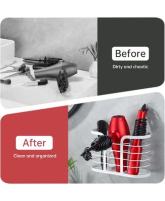 White Hair Dryer Holder - Adhesive Blow Dryer Holder/Hair Tool Organizer Bathroom Organizer Stick on Wall Mounted Multi-Functional Hair Dryer Rack