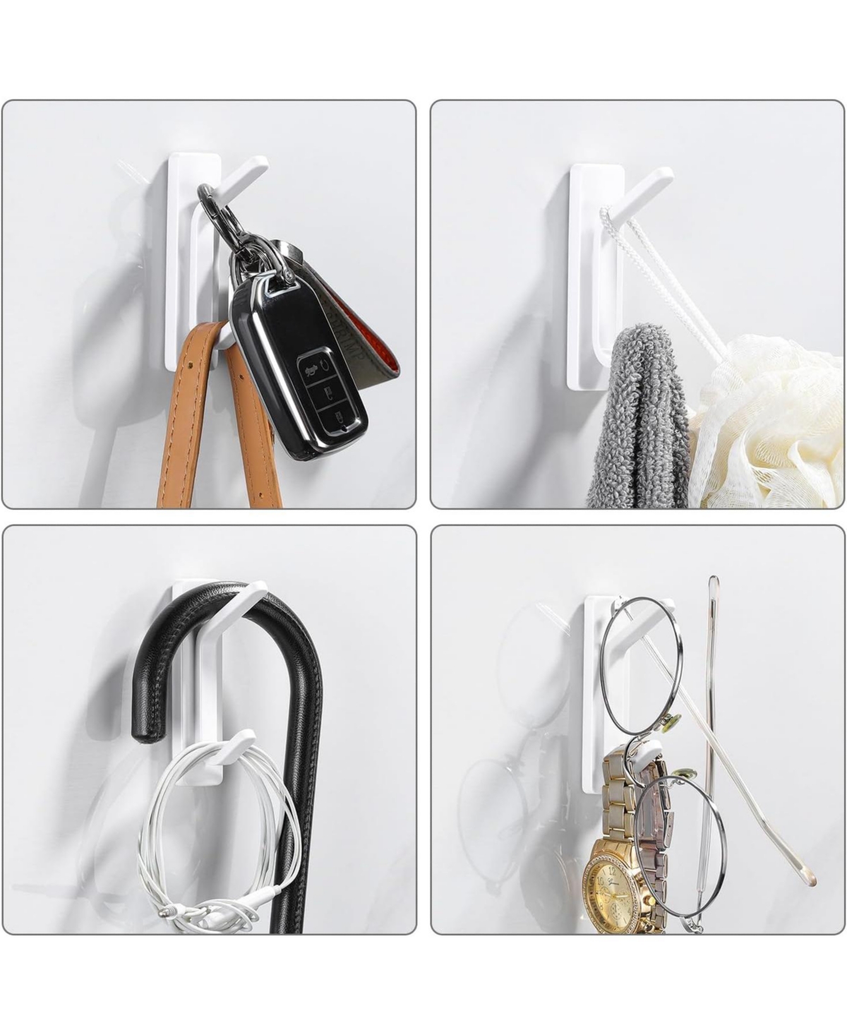 Adhesive Hooks for Hanging, Damage Free Hanging Wall Hook Removable in Living Spaces, 8 Plastic White Hooks and 8 Adhesive Strips