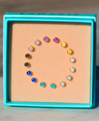 Round Stud Earrings With Lab-Grown Opal in Plated Sterling