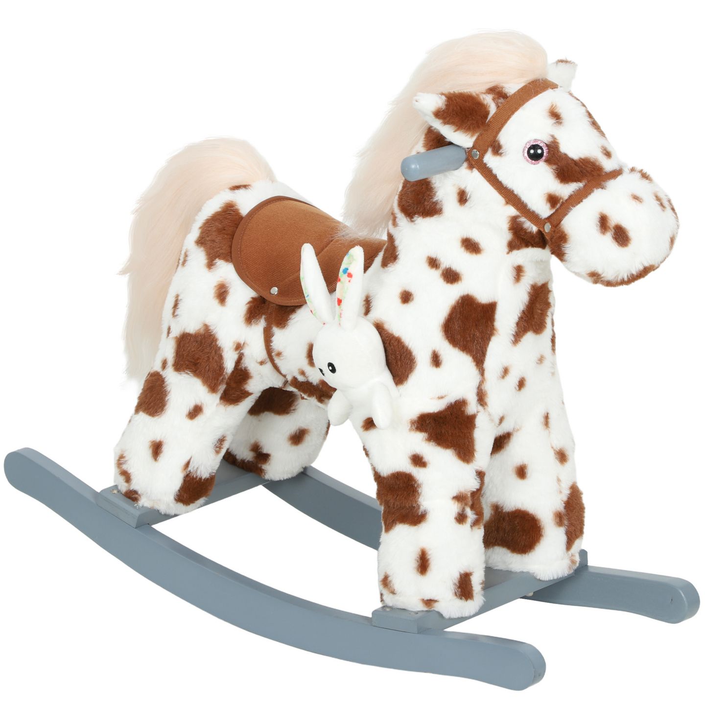 Детская игрушка Qaba Rocking Horse with Interactive Sounds & Rabbit Toy, 28" L, 88 lbs. Capacity, от 1 года, цвет: Коричневый — фото 1