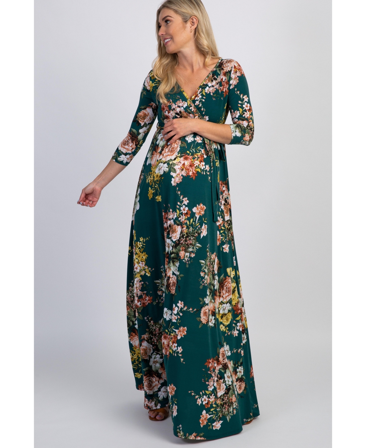 Pinkblush Maternity Green Rose Print Sash Tie Maxi Dress