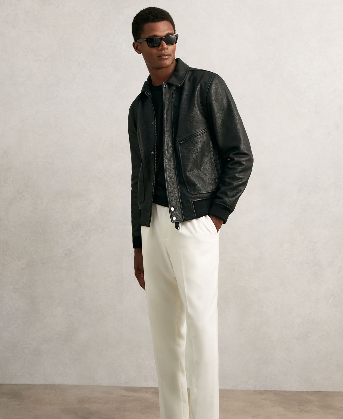 Reiss Men's Grained-Leather Zip-Through Jacket