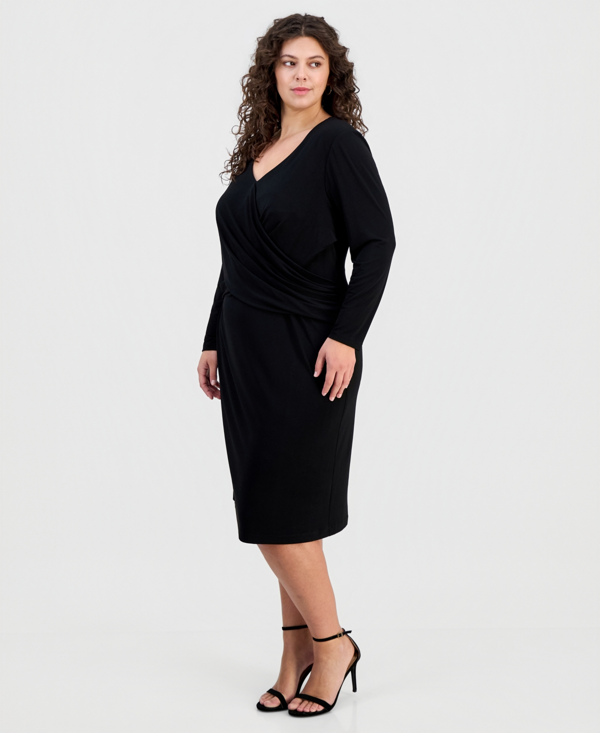 Connected Plus Drape-Front Long-Sleeve Sheath Dress