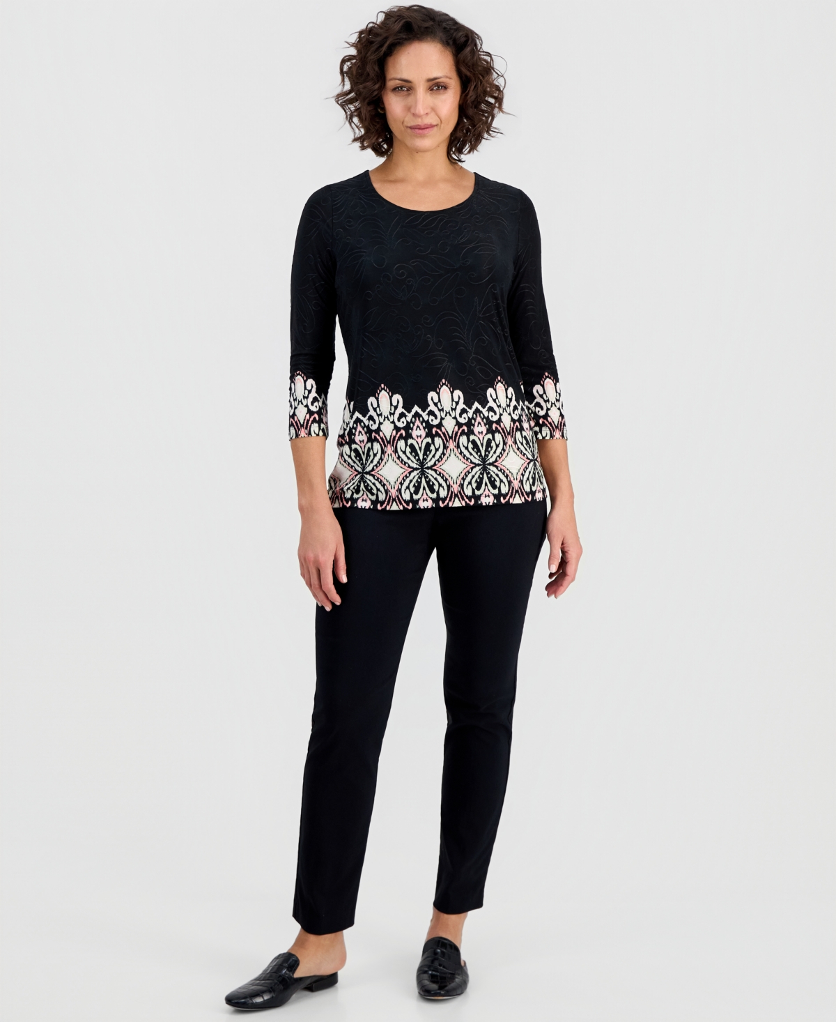 Jm Collection Women's Printed 3/4 Sleeve Scoop-Neck Jacquard Top, Macy's Exclusive