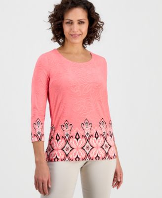 Women's Printed 3/4 Sleeve Scoop-Neck Jacquard Top