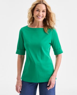 Petite Cotton Elbow-Sleeve Boat-Neck Top