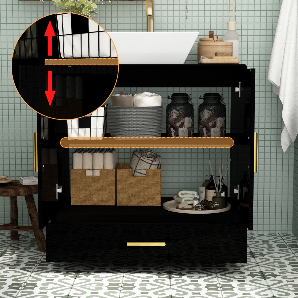 Homsee Bathroom Vanity with Marble Top, Bathroom Cabinet with 2 Doors & Drawer