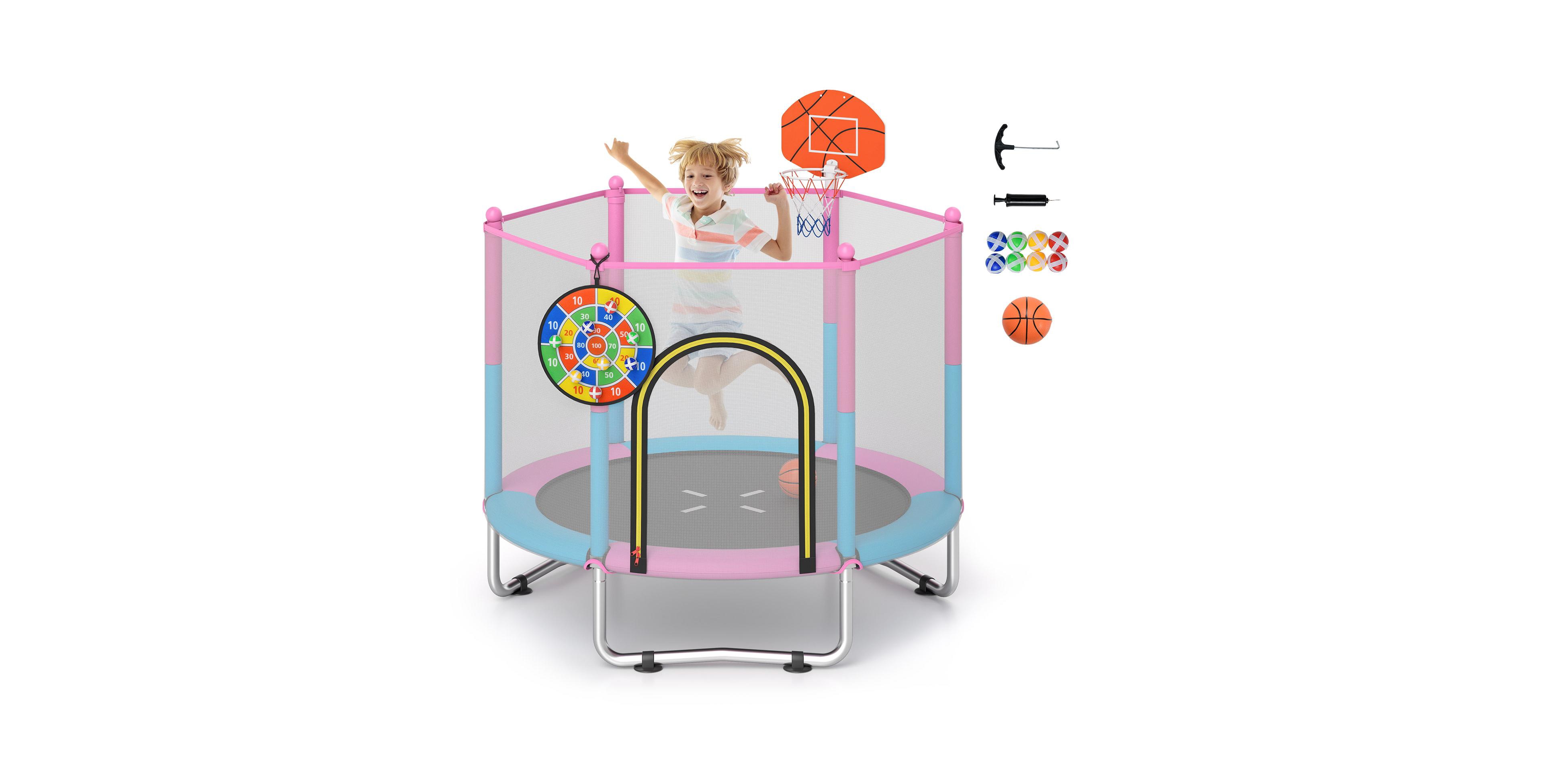 60 Inch Kids Trampoline with Basketball Hoop Removable Dartboard and Safety Enclosure Net