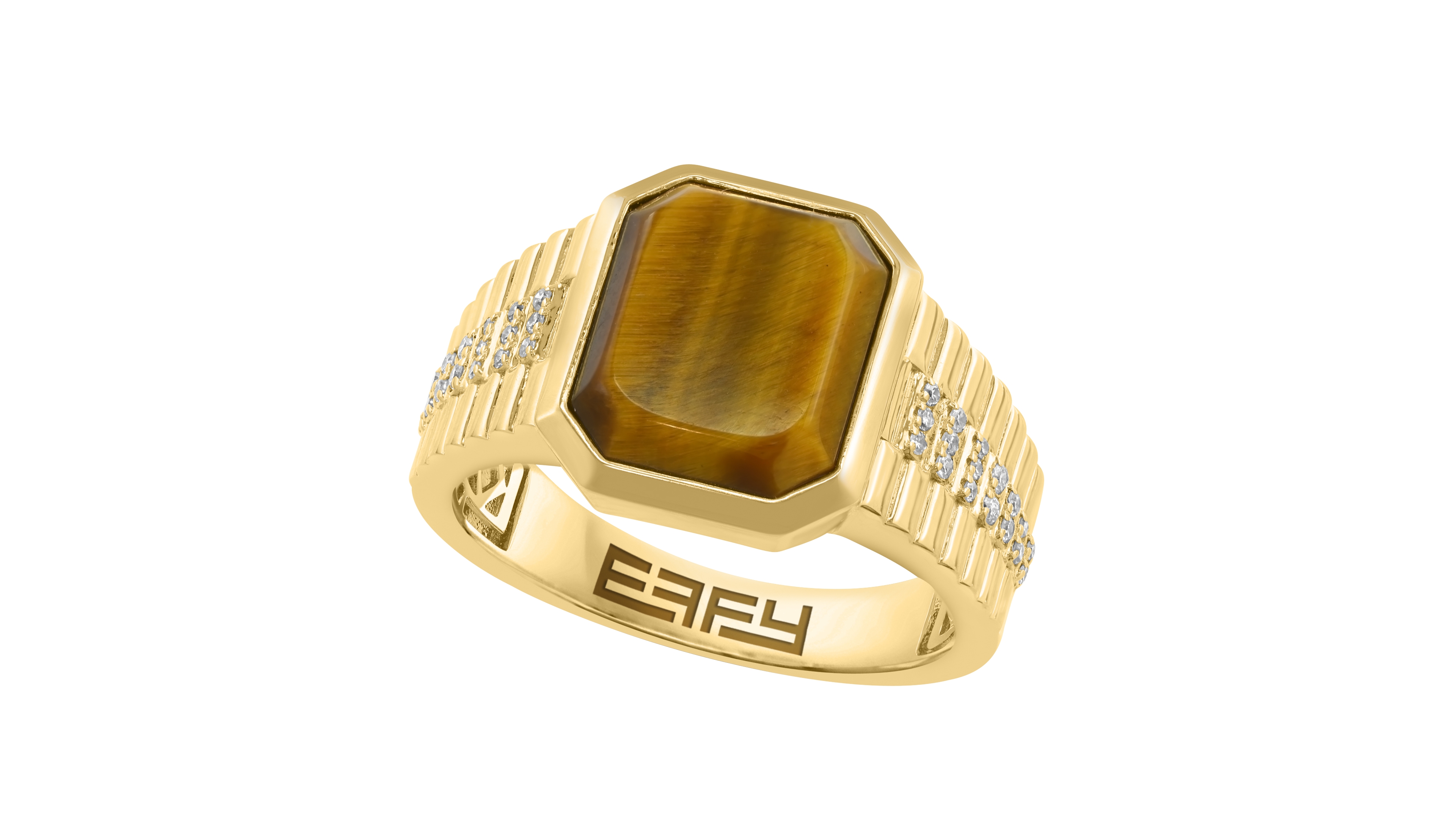 Effy Collection Men's Diamond (1/8 ct. t.w.) and Tigers Eye (4-1/2 ct. t.w.) Ring in Gold over Silver