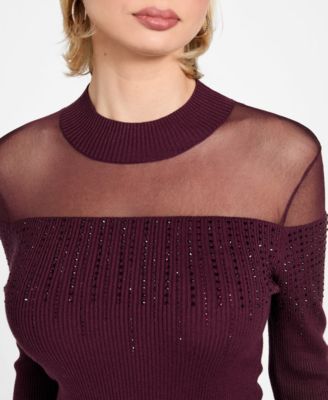 Women's Embellish Sheer Panel Mock Neck Sweater