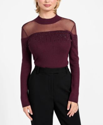 Women's Embellish Sheer Panel Mock Neck Sweater