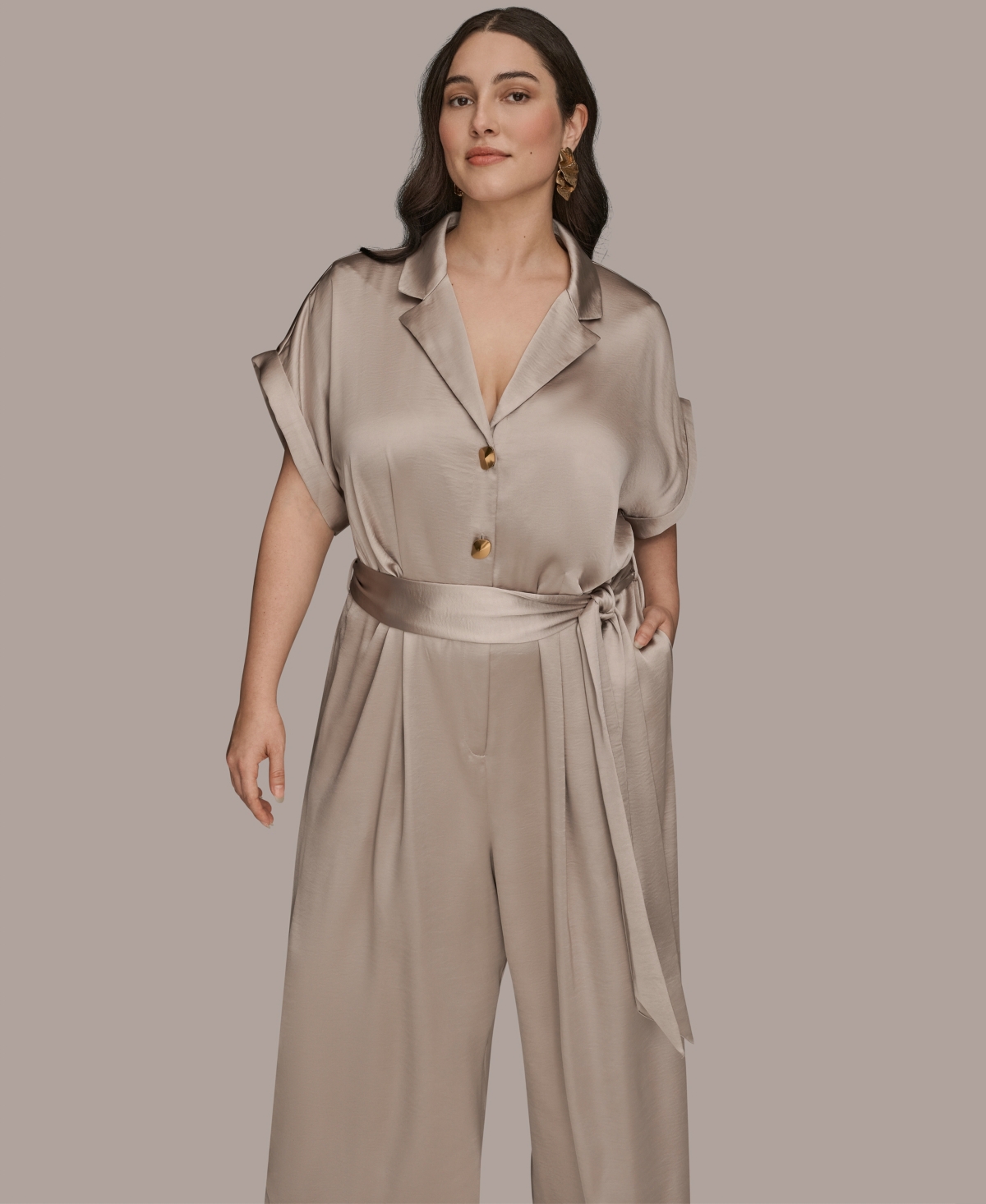 Donna Karan Plus Size Satin Collared Jumpsuit In Multi